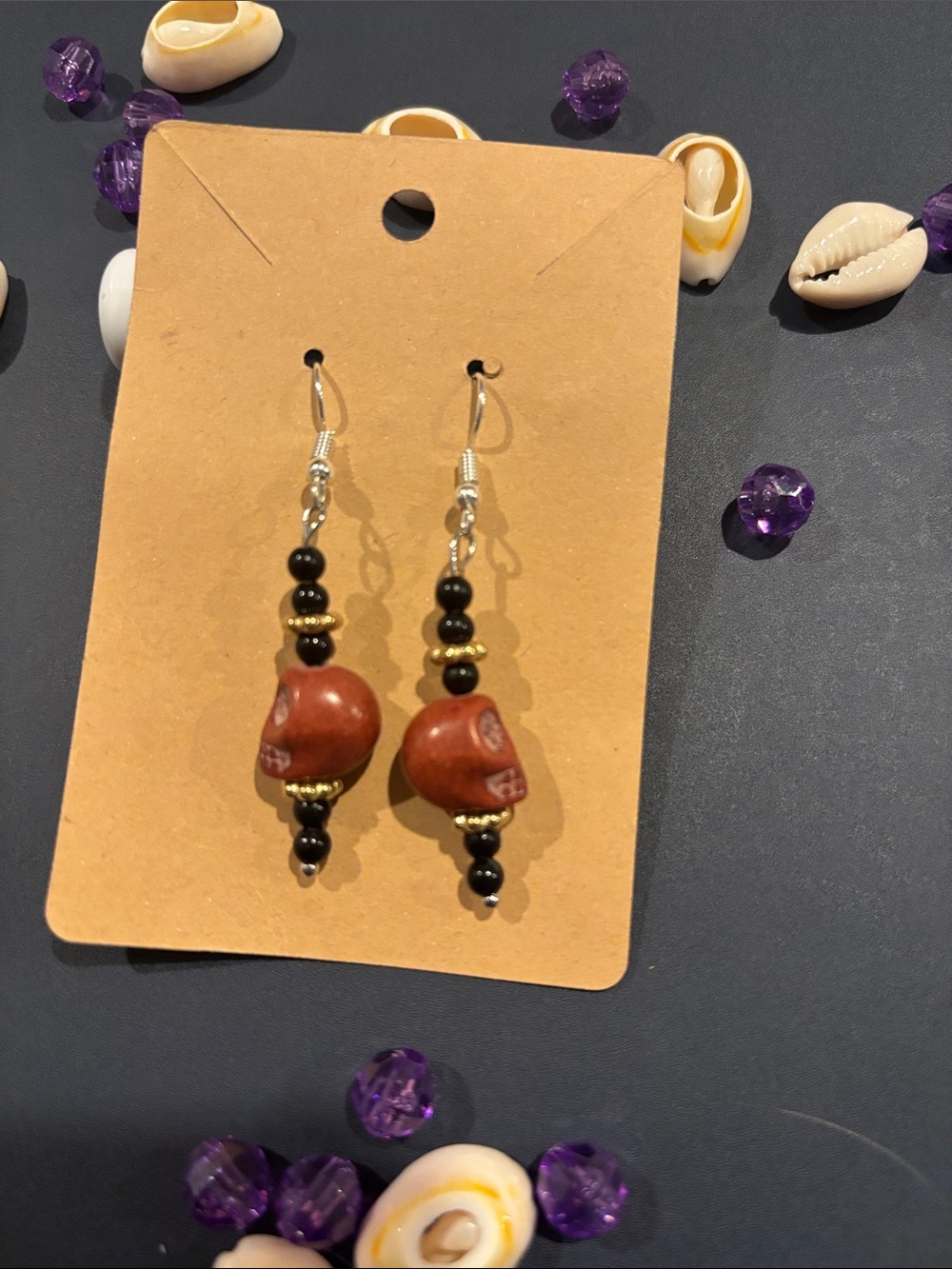 Handmade Brown and Black Beaded Skull Dangle Earrings